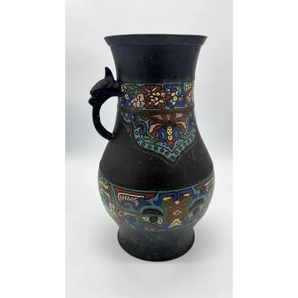 Vintage Japanese Champlevé Enamel Vase - Ornate Floral Design, Figural Handle